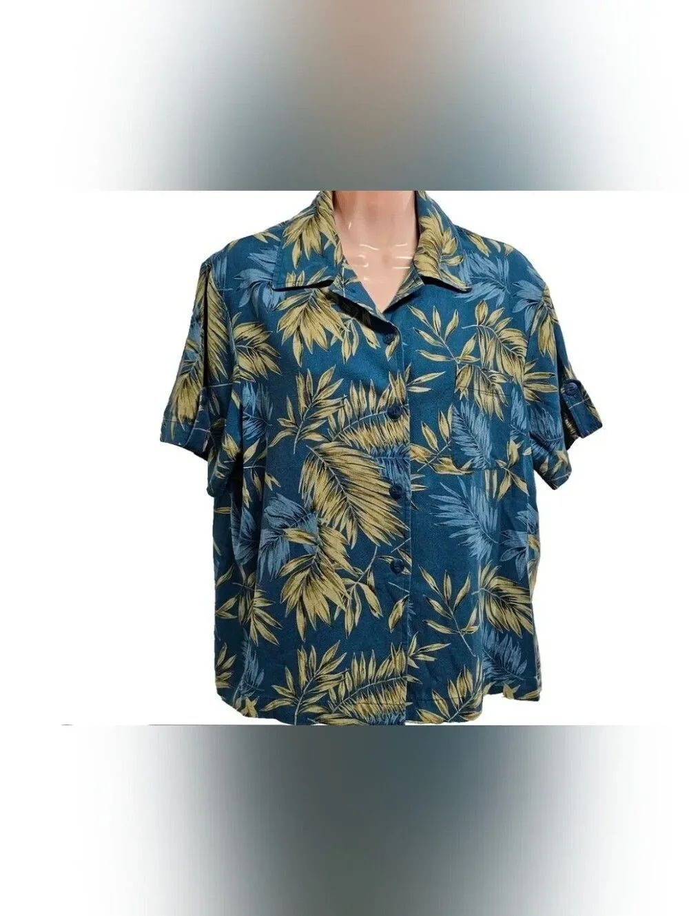 Sag Harbor 100% Silk L Blue Hawaiian Tropical Print Shrsl ButtonUp Women Shirt
